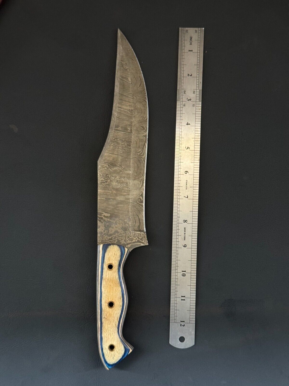 15 Inch Fire Storm Damascus Bowie Knife with Wood Handle for Hunting and Camping