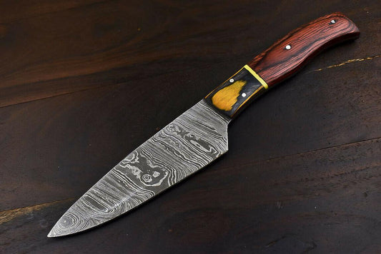 Handmade Wild Life Damascus Steel Sports Tanto Hunting & Chef Knife with Hard Wood Handle, 6-Inch Blade, 11-Inch Overall, Wooden Bolster, Full Tang, Oil-Tempered 58-60 HRC