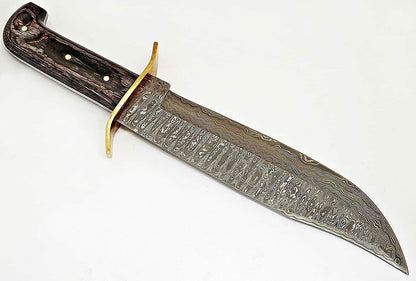 15" Handmade Damascus Steel Bowie Knife with Diamond Wood Handle & Brass Guard