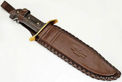 15" Handmade Damascus Steel Bowie Knife with Diamond Wood Handle & Brass Guard