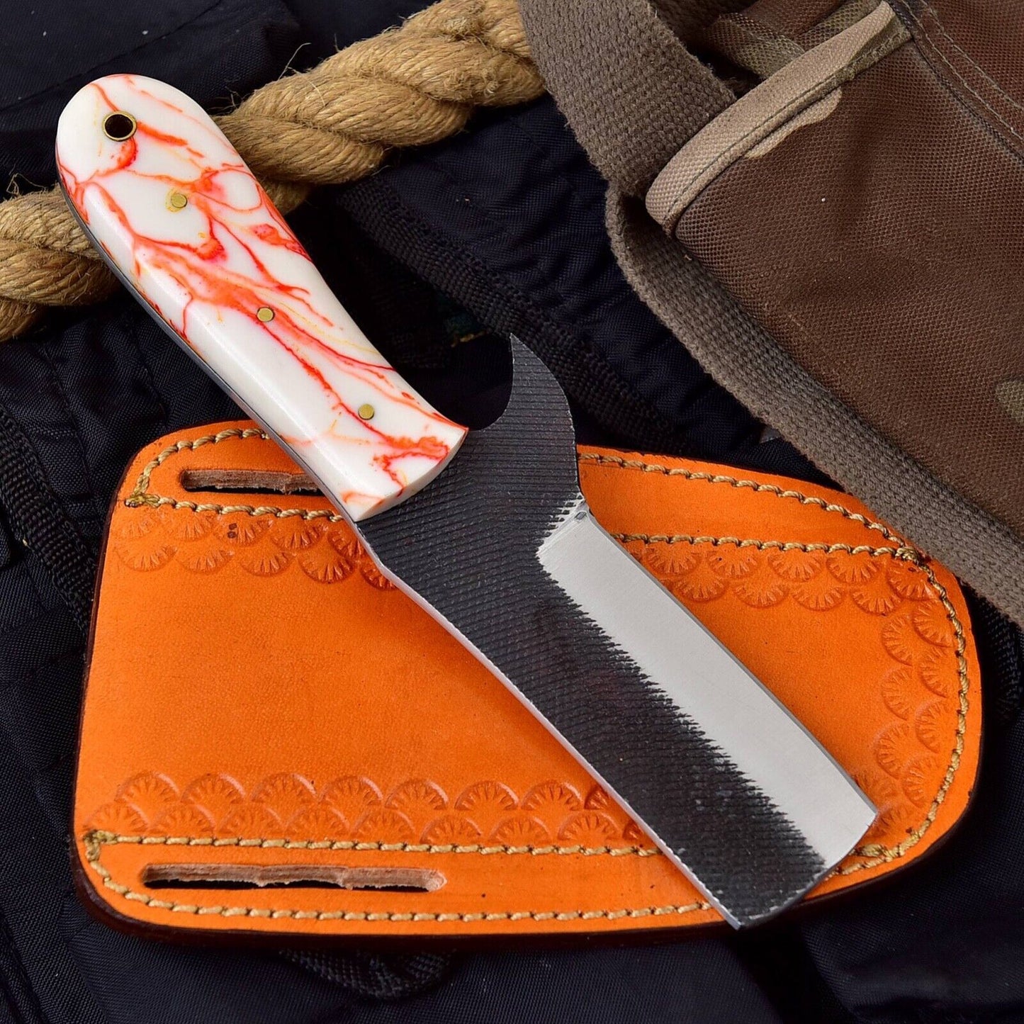 Hand Forged Horse File Steel Knife With Resin Handle & Sheath Custom Bull Cutter Knife