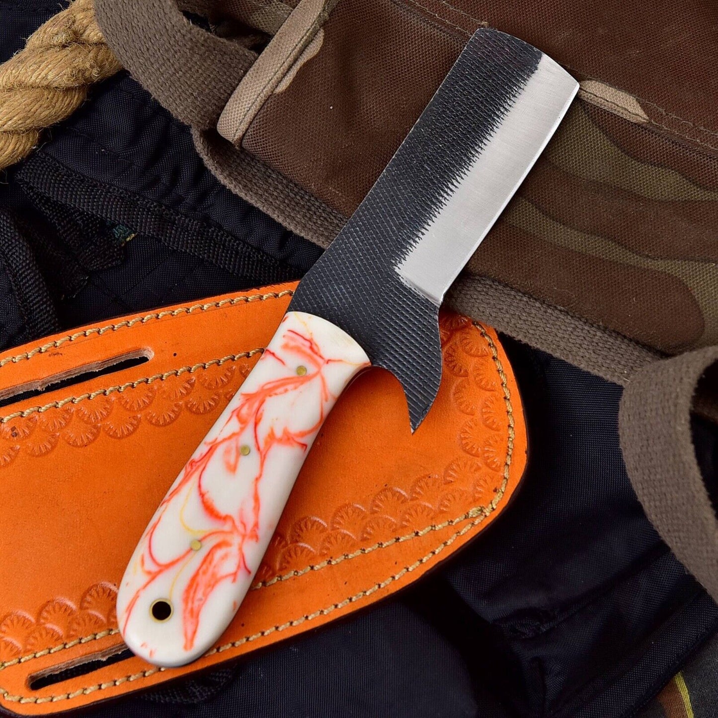 Hand Forged Horse File Steel Knife With Resin Handle & Sheath Custom Bull Cutter Knife