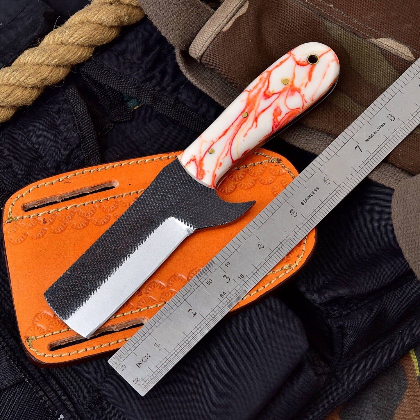 Hand Forged Horse File Steel Knife With Resin Handle & Sheath Custom Bull Cutter Knife