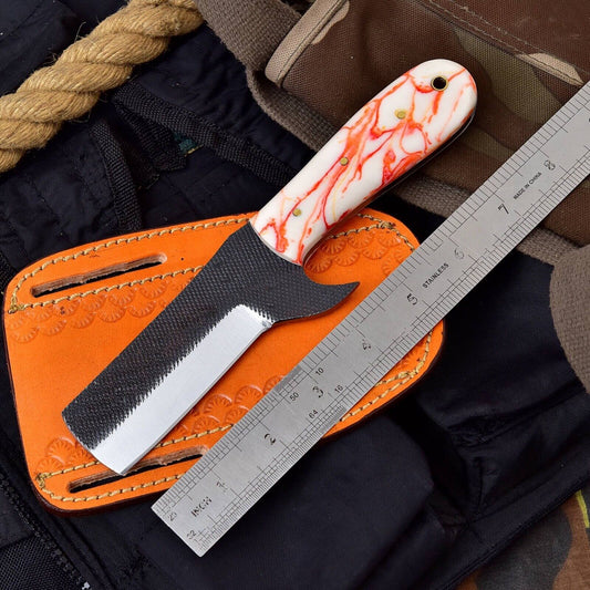 Hand Forged Horse File Steel Knife With Resin Handle & Sheath Custom Bull Cutter Knife
