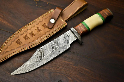 13.5" Damascus Steel Bowie Knife – Camel Bone and Wood Handle