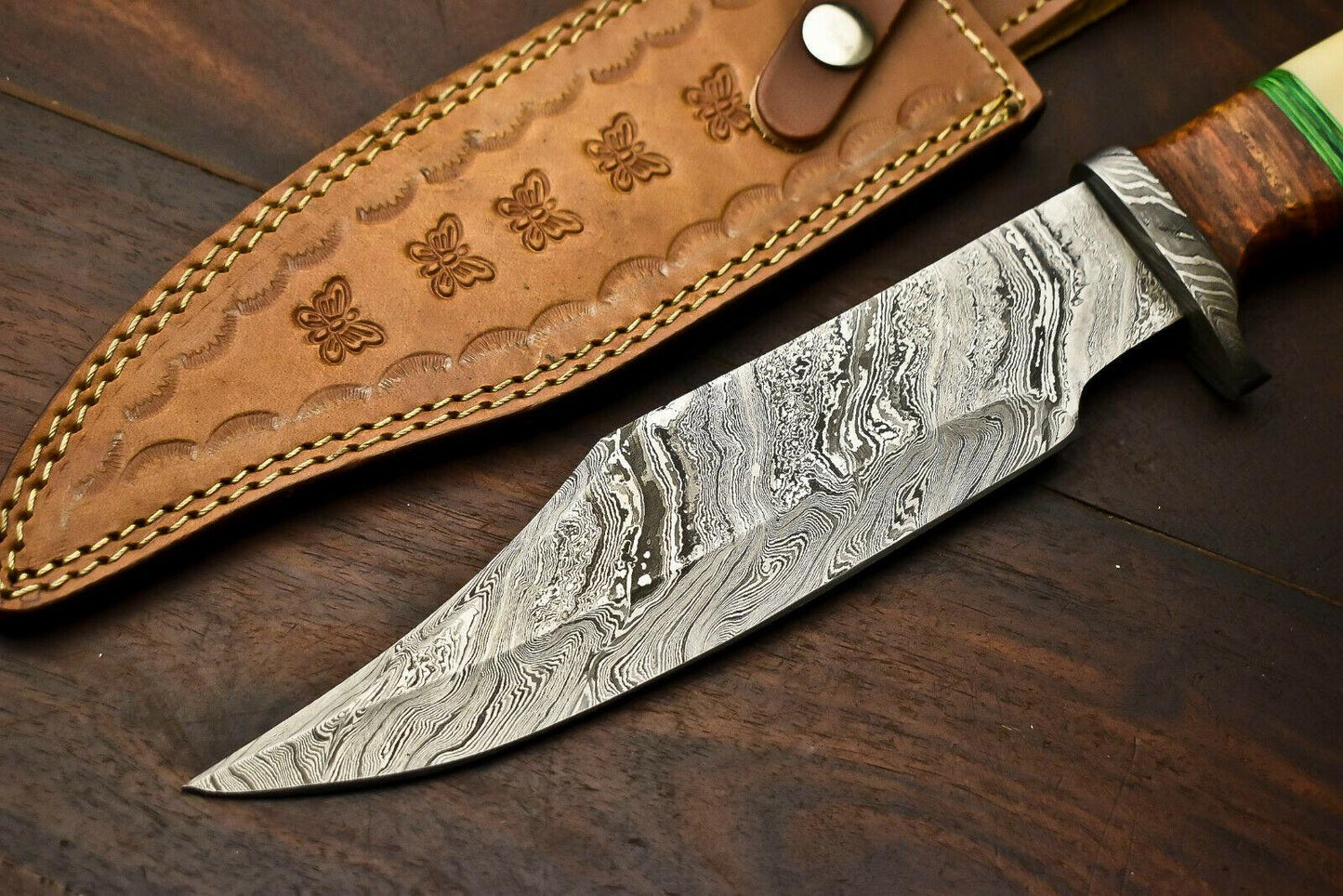 13.5" Damascus Steel Bowie Knife – Camel Bone and Wood Handle