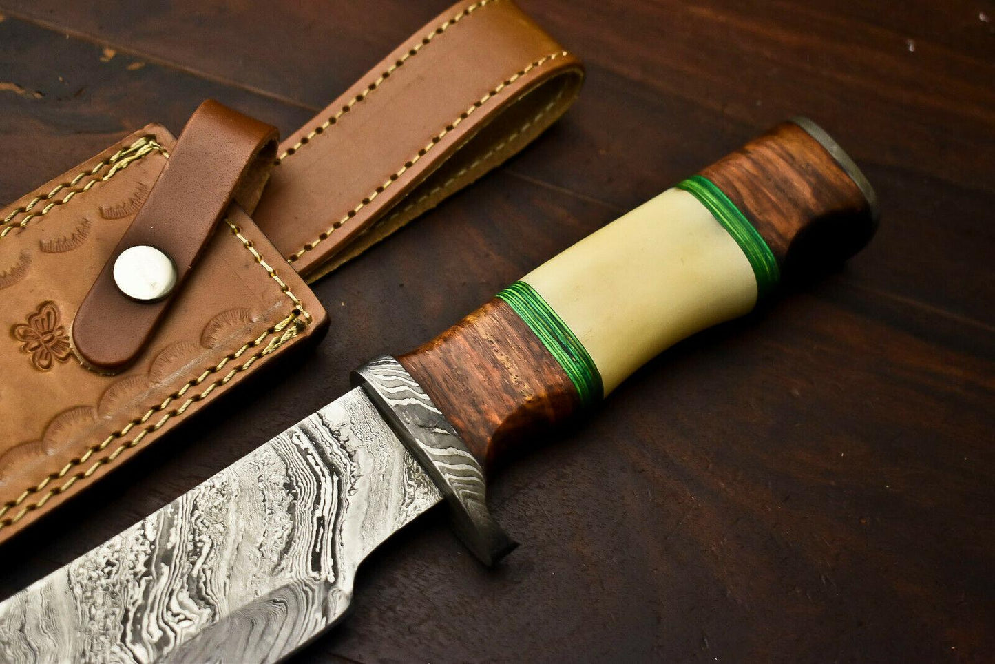 13.5" Damascus Steel Bowie Knife – Camel Bone and Wood Handle