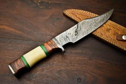 13.5" Damascus Steel Bowie Knife – Camel Bone and Wood Handle