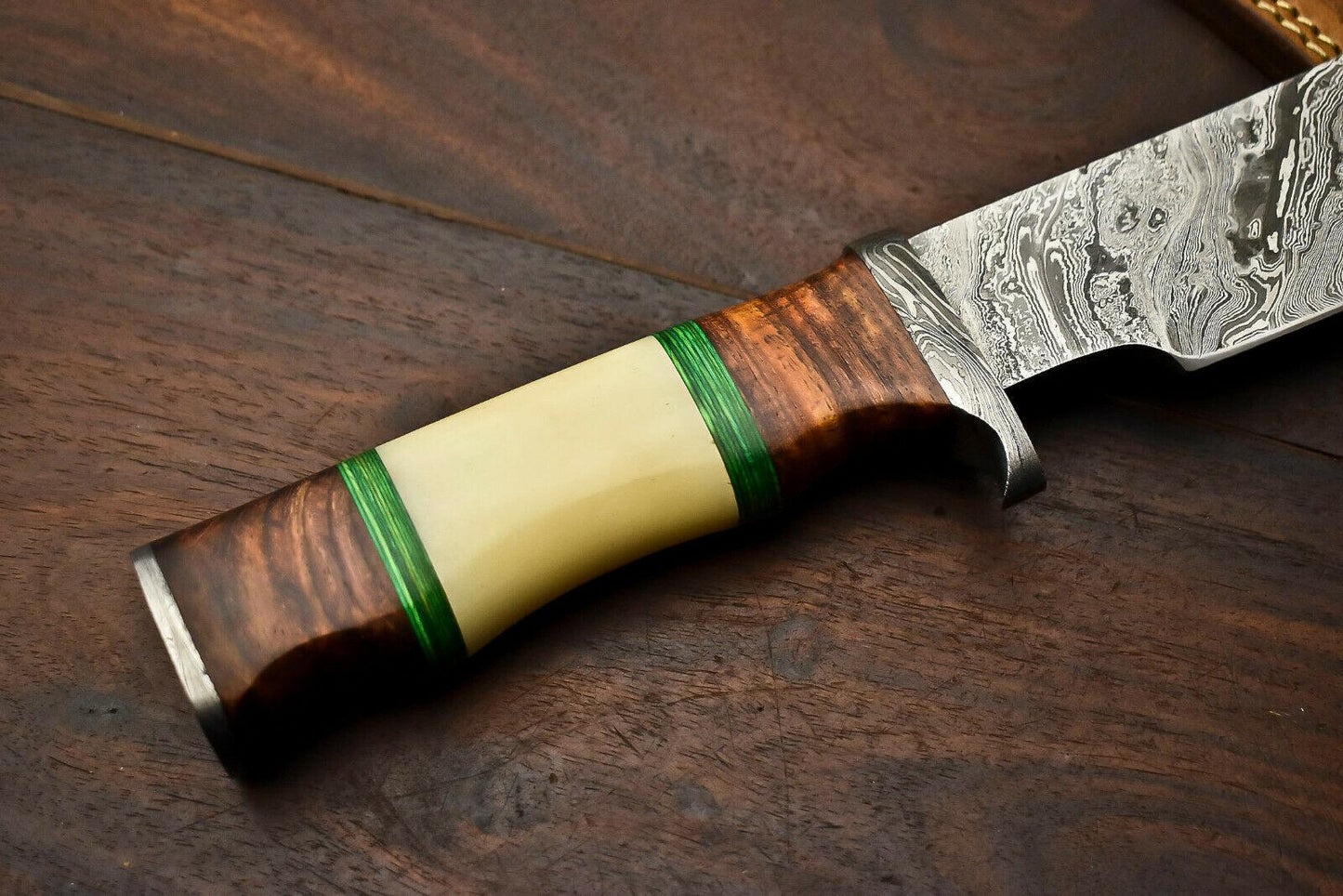 13.5" Damascus Steel Bowie Knife – Camel Bone and Wood Handle