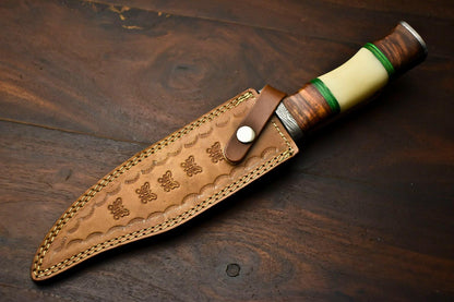 13.5" Damascus Steel Bowie Knife – Camel Bone and Wood Handle