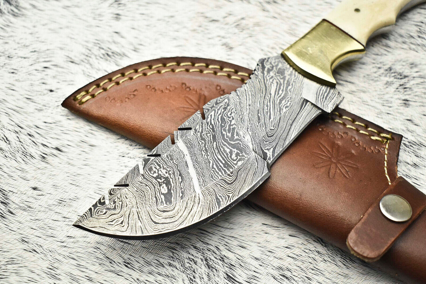 10" Handmade Damascus Steel Tracker Knife – Full Tang Blade with Camel Bone Handle & Leather Sheath
