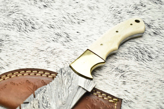 10" Handmade Damascus Steel Tracker Knife – Full Tang Blade with Camel Bone Handle & Leather Sheath