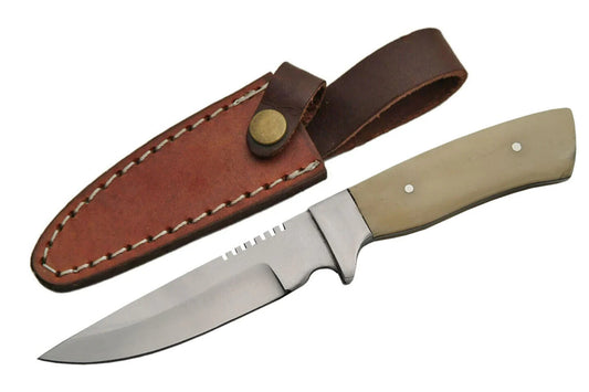 7.5″ Straight Back Skinner Knife – D2 Tool Steel Full Tang Blade with Bone Handle & Leather Sheath