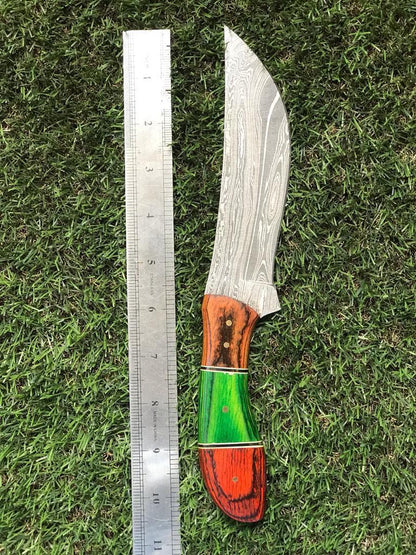 10.75" Custom Handmade Twist Damascus Steel Fixed Blade Hunting Bowie Knife with Leather Sheath