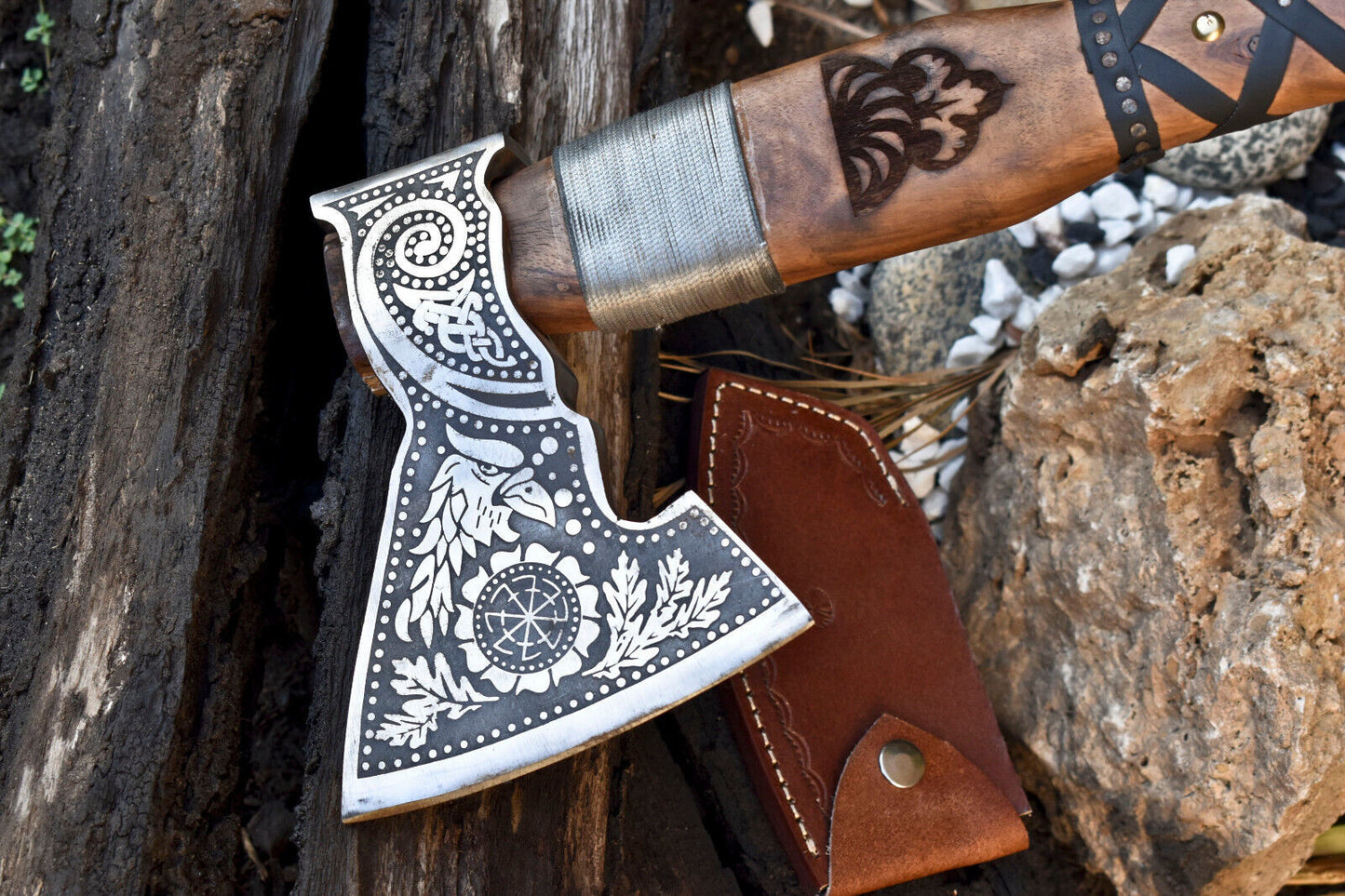 Handmade Viking Axe | High Carbon Steel Etched Blade with Walnut Wood Handle