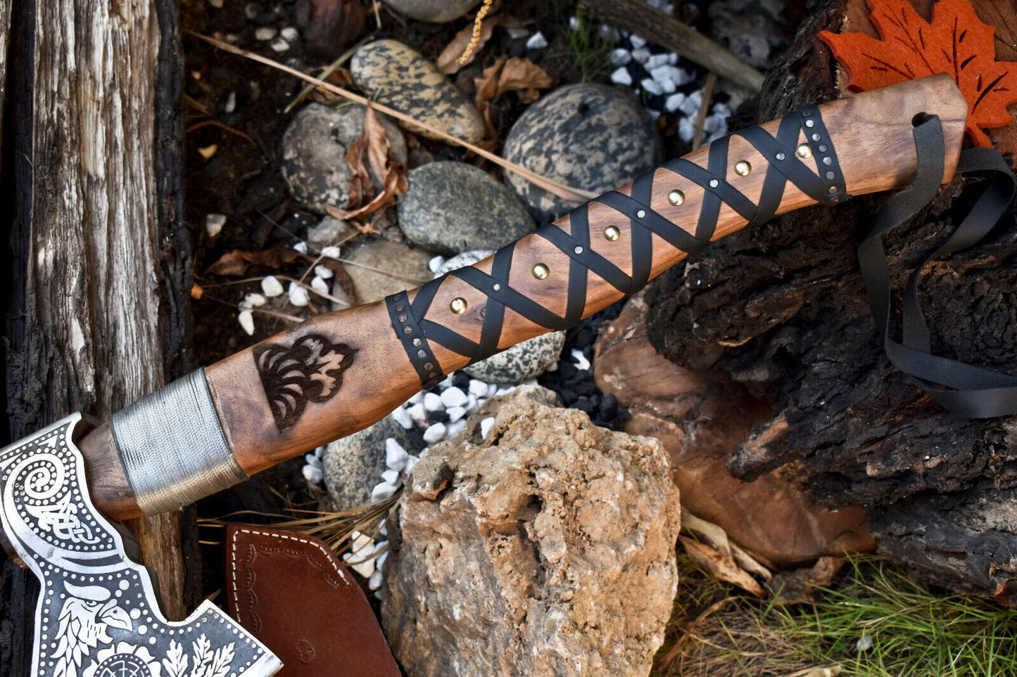 Handmade Viking Axe | High Carbon Steel Etched Blade with Walnut Wood Handle