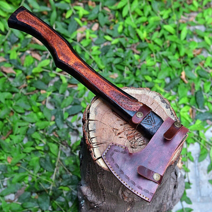 Handmade Carbon Steel Viking Axe – Integral Throwing Tomahawk with Cocobolo Wood Handle and Leather Sheath