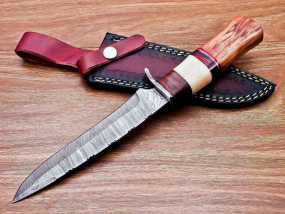 Heritage Forge 12 Inch Damascus Steel Bowie Knife with Olive Wood and Camel Bone Handle