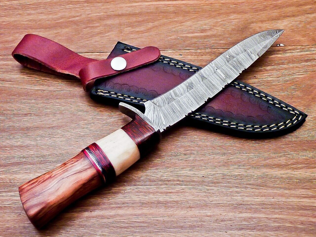 Heritage Forge 12 Inch Damascus Steel Bowie Knife with Olive Wood and Camel Bone Handle
