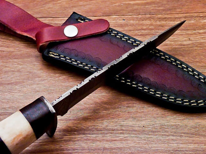 Heritage Forge 12 Inch Damascus Steel Bowie Knife with Olive Wood and Camel Bone Handle