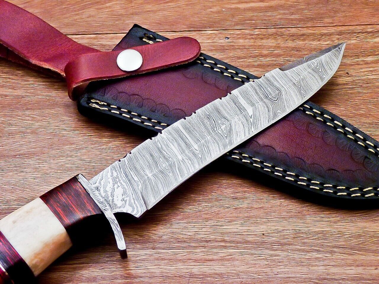 Heritage Forge 12 Inch Damascus Steel Bowie Knife with Olive Wood and Camel Bone Handle