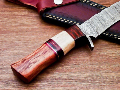 Heritage Forge 12 Inch Damascus Steel Bowie Knife with Olive Wood and Camel Bone Handle