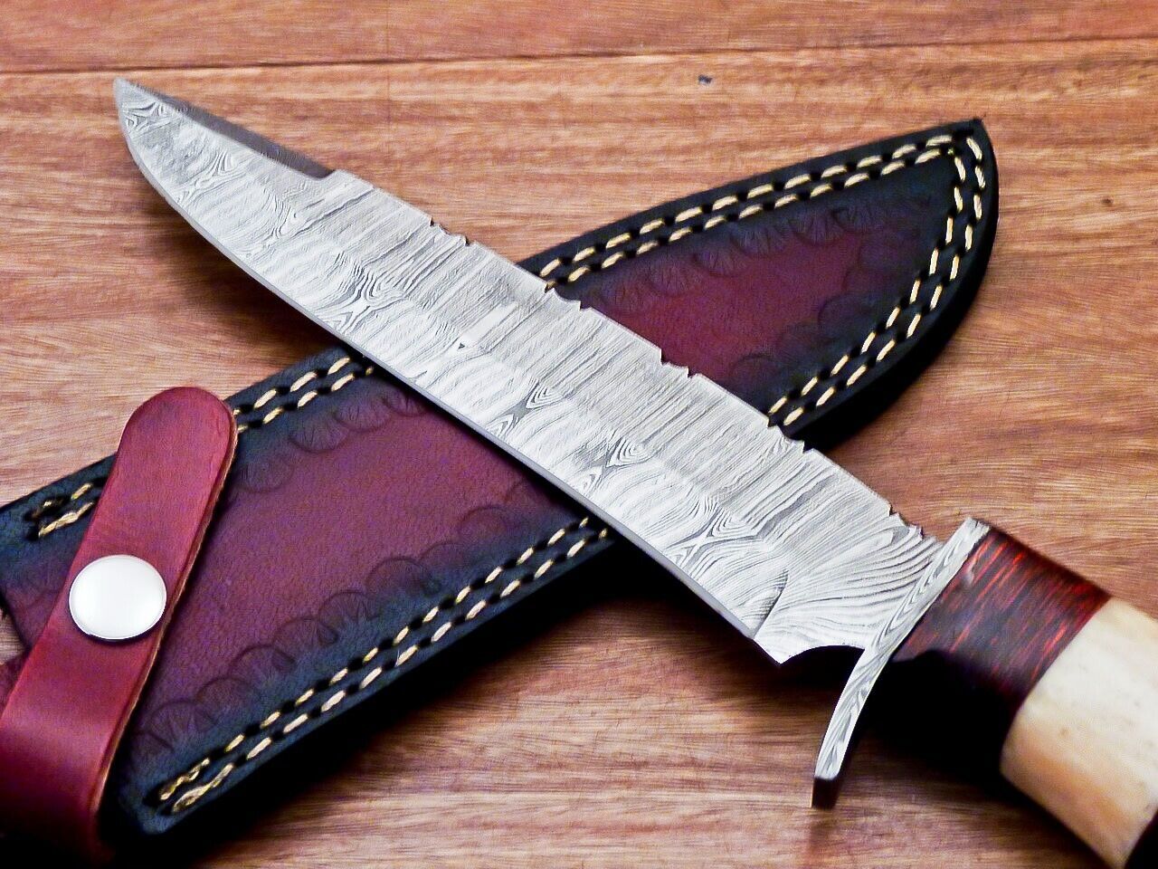 Heritage Forge 12 Inch Damascus Steel Bowie Knife with Olive Wood and Camel Bone Handle