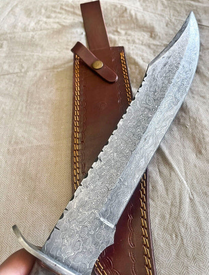 Heritage Forge 18 Inch Handmade Damascus Bowie Knife with Bone Handle for Hunting and Survival