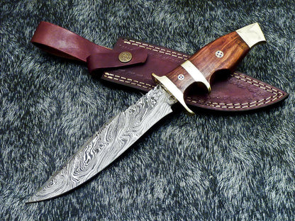 12" Damascus Hunting Bowie Knife – Natural Wood Handle with Leather Sheath
