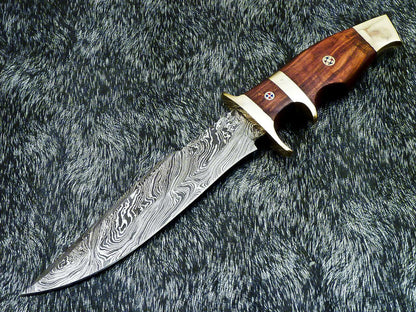 12" Damascus Hunting Bowie Knife – Natural Wood Handle with Leather Sheath