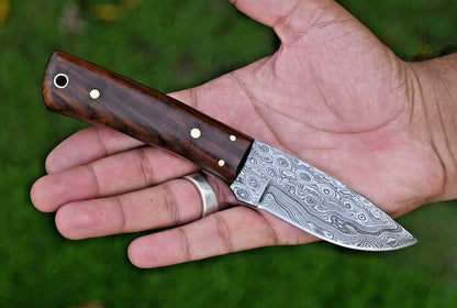 Damascus Steel EDC Skinning Hunting Knife with Hardwood Handle – 7.5 Inch Handmade Blade with Leather Sheath