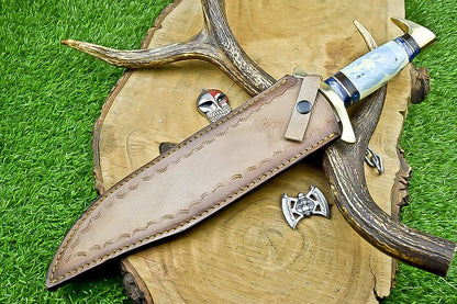 17" Premium Handmade Damascus Steel Bowie Knife – Resin Handle, Brass Bolster & Leather Sheath