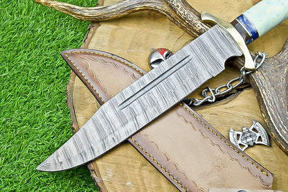 17" Premium Handmade Damascus Steel Bowie Knife – Resin Handle, Brass Bolster & Leather Sheath