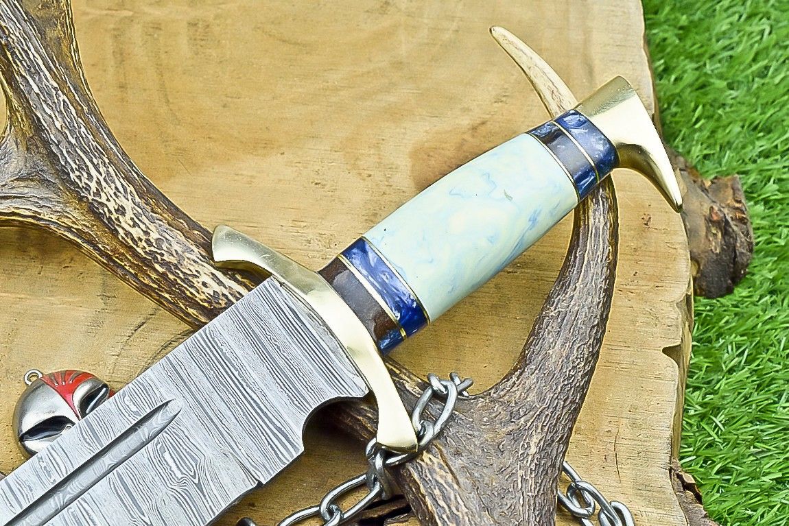 17" Premium Handmade Damascus Steel Bowie Knife – Resin Handle, Brass Bolster & Leather Sheath