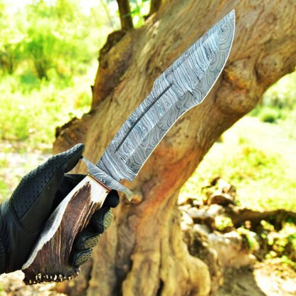 Handmade Damascus Steel Rambo Bowie Knife | Stag Crown & Cocobolo Wood