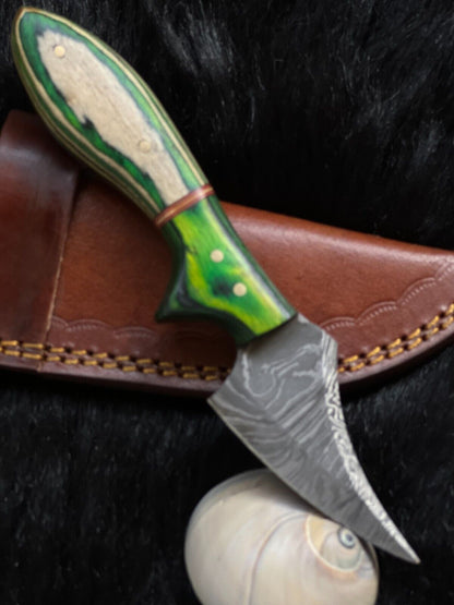 7" Custom Twist Damascus Steel Mini Bowie Knife – Camel Bone & Wood Handle