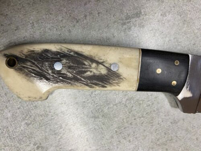 Handmade Skull Skinner Knife – Mirror Polished D2 Steel Blade with Camel Bone Handle & Leather Sheath