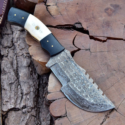 Custom Handmade Damascus Steel 10" Tracker Knife – Wooden Handle, Hand Forged Blade with Sheath