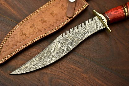 14" Handmade Damascus Steel Bowie Knife | Hardwood Handle