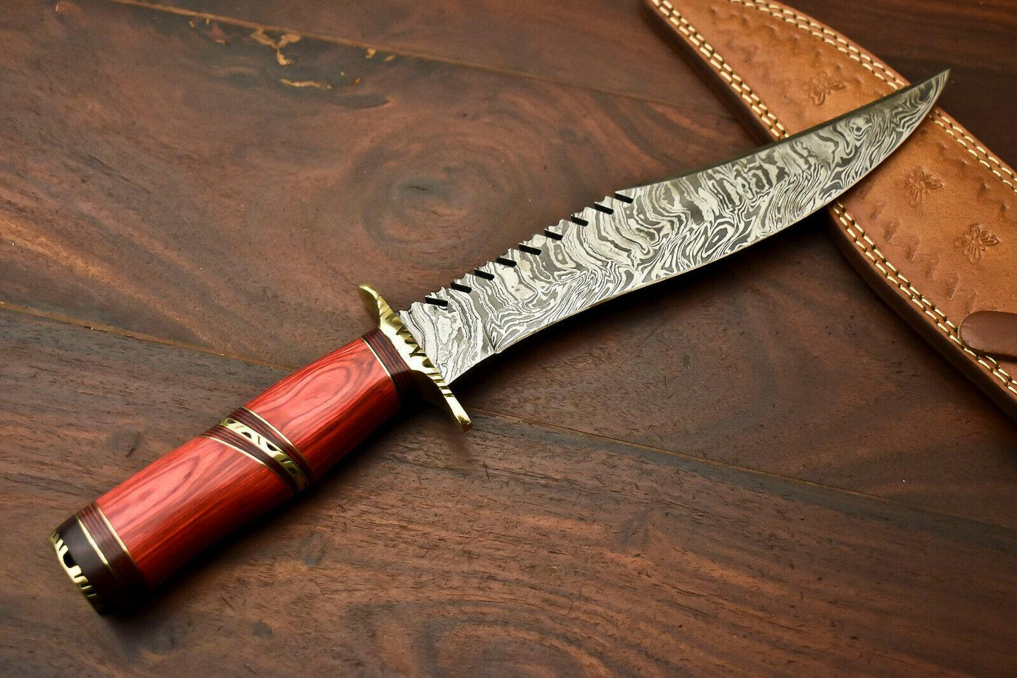 14" Handmade Damascus Steel Bowie Knife | Hardwood Handle