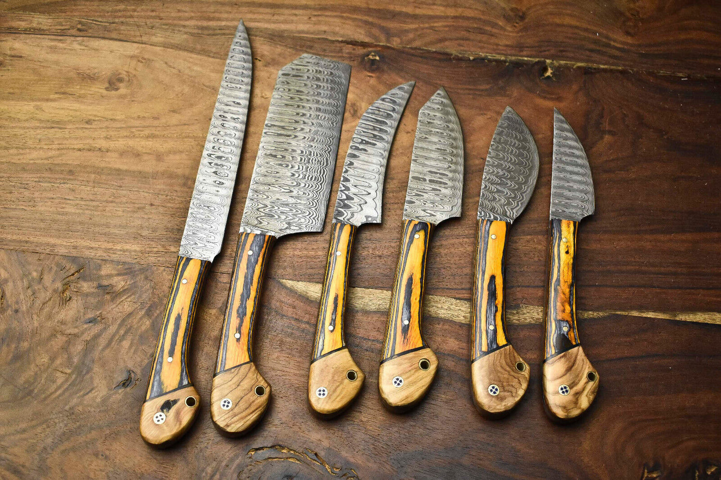 Lot of 6 Handmade Damascus Steel Full Tang Chef Knife Set – Custom High Carbon Blades