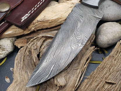 6" Hand Forged Damascus Steel EDC Bowie Hunting Knife | Olive Wood Handle