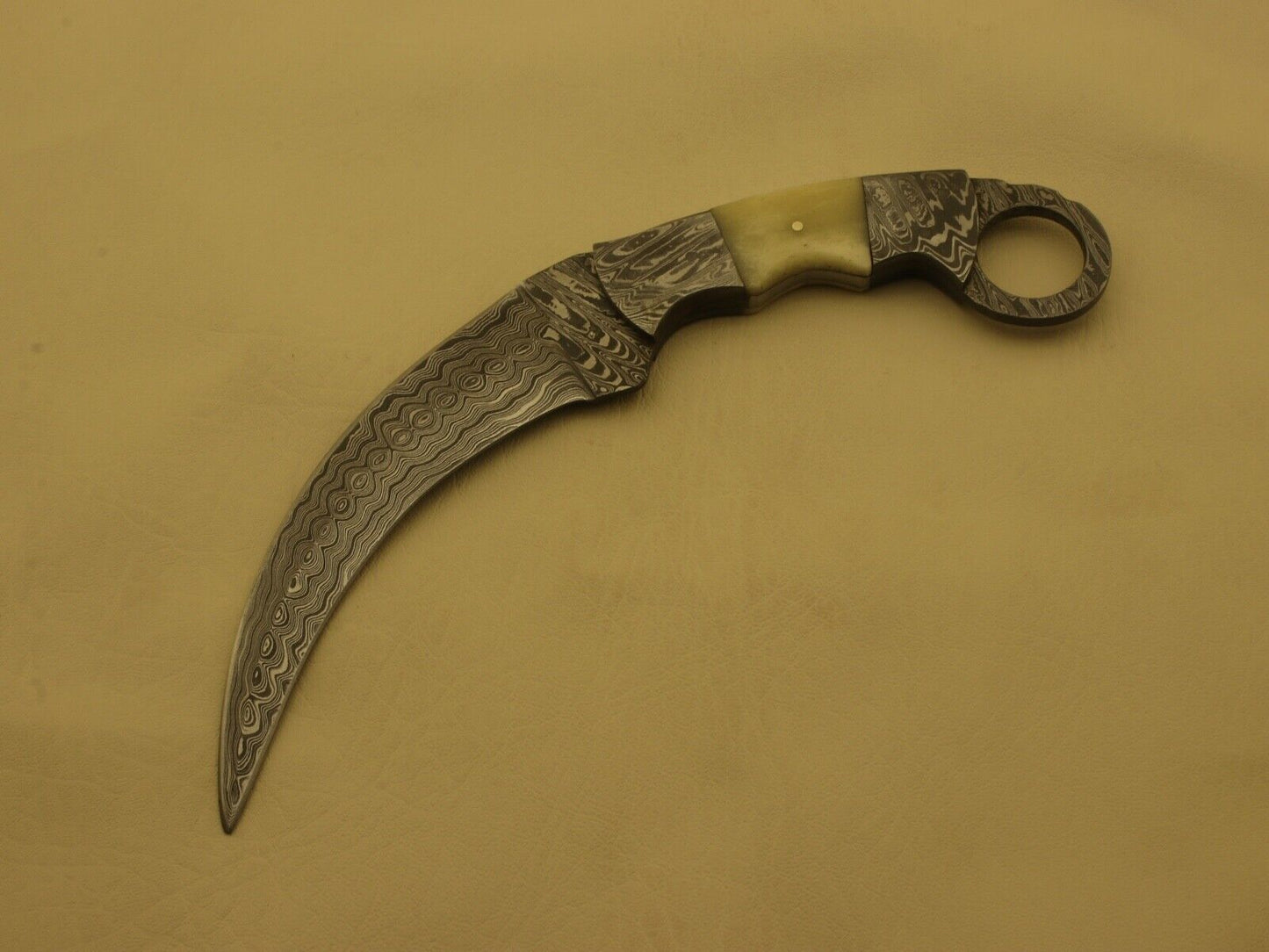 9” Custom Hand Forged Damascus Karambit Knife Double Edge Camel Bone Handle