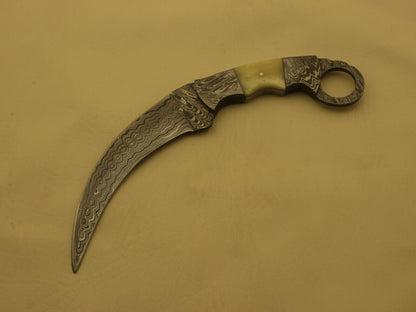 9” Custom Hand Forged Damascus Karambit Knife Double Edge Camel Bone Handle
