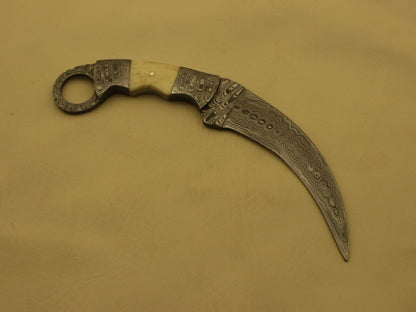 9” Custom Hand Forged Damascus Karambit Knife Double Edge Camel Bone Handle