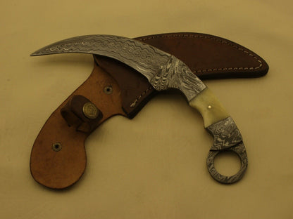 9” Custom Hand Forged Damascus Karambit Knife Double Edge Camel Bone Handle