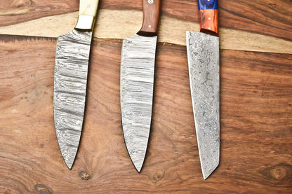 Lot of 3 Handmade Damascus Steel Chef Knives | Full Tang Kitchen Knife Set