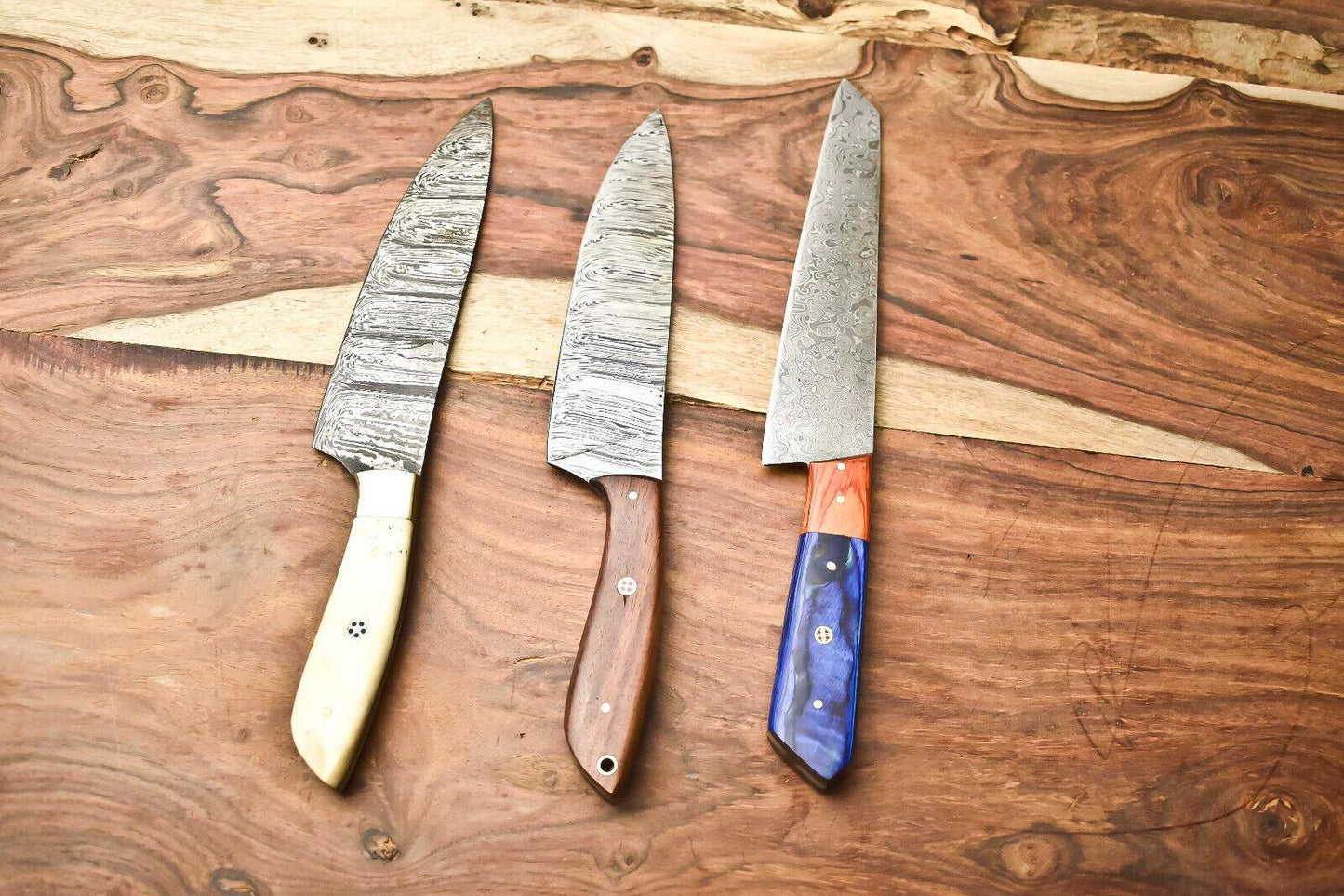 Lot of 3 Handmade Damascus Steel Chef Knives | Full Tang Kitchen Knife Set