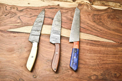 Lot of 3 Handmade Damascus Steel Chef Knives | Full Tang Kitchen Knife Set