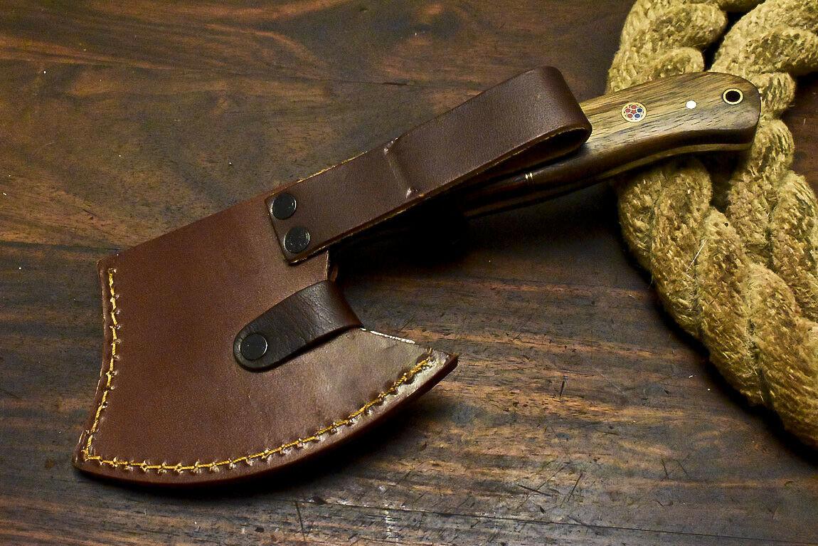 Handmade Damascus Walnut Wood Hunting Clever Chopper Axe Knife with Leather Sheath